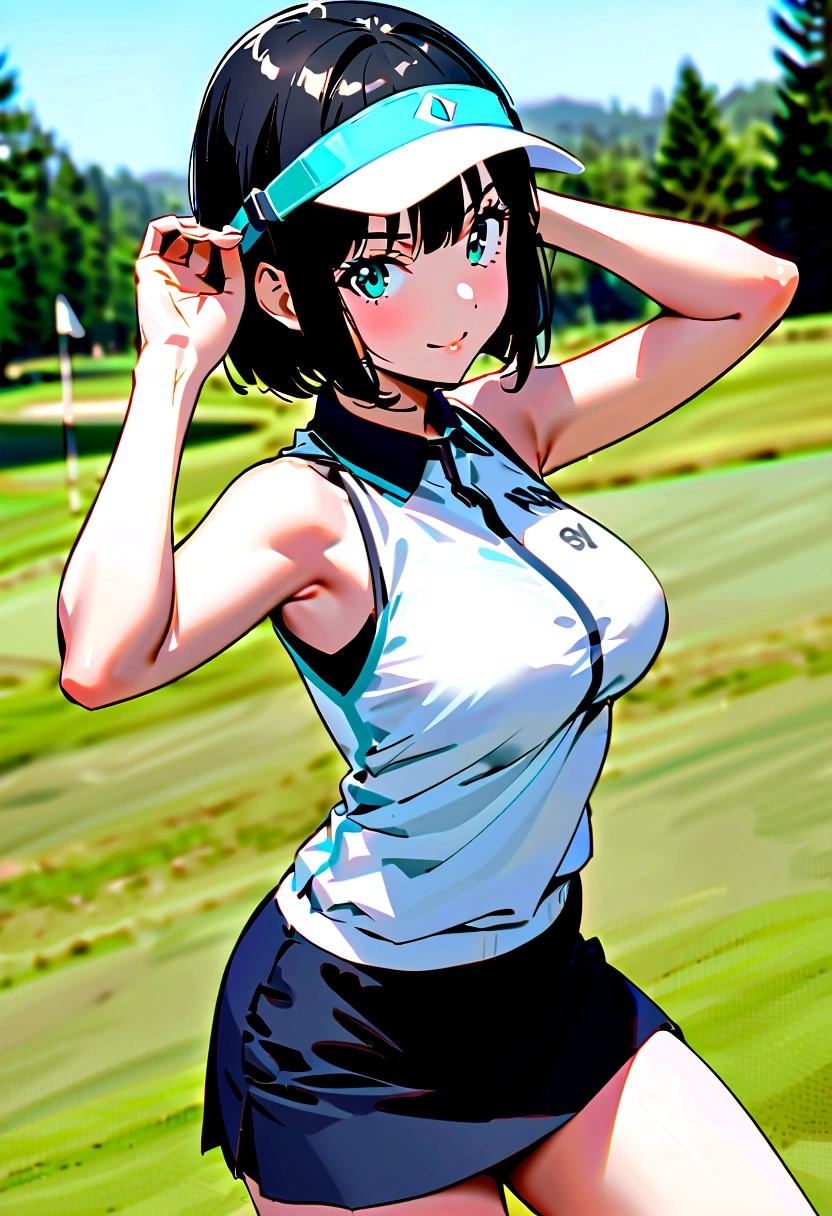 sound　High resolution　The beauty of 8k　Woman playing golf　Golf course　Beautiful woman　Bobcut　Black Hair　　Golf Wear　mini skirt　smile　　Looking into the camera　nice shot　Sleeveless　Sun visor