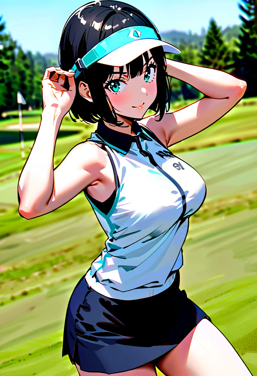 sound　High resolution　The beauty of 8k　Woman playing golf　Golf course　Beautiful woman　Bobcut　Black Hair　　Golf Wear　mini skirt　sm...