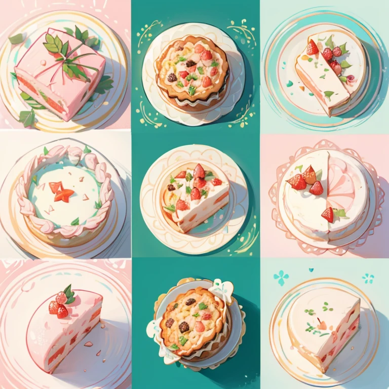 Collage illustration generation、Pattern only、Making patterns on paper、Paper pattern、Origami Pattern、(Pink Background:1.5)、Big cake、(Draw the cake so that the whole cake is visible:1.5)、Colourful cake、(The cake is photographed from directly above:2.0)、(The cakes are evenly spaced:2.0)，Neatly arranged on the table、Different kinds of cakes lined up、(Angle view from directly above:2.0)、Only draw food and tableware、(People are not drawn:2.0)、Cute illustration、Draw like a sticker、Draw flat、Mini character、item、(fruitcake:1.5)、