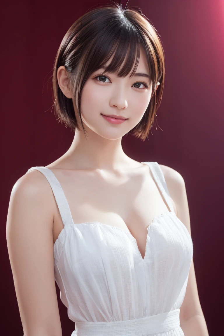 1 girl, (Wearing colorful stage costumes:1.2), Very beautiful Japanese idol portraits, Face close-up, (RAW Photos, highest quality), (Realistic, Realistic:1.4), (masterpiece), Very delicate and beautiful, Very detailed, 2k wallpaper, wonderful, finely, Very detailed CG Unity 8K wallpaper, Very detailed, High resolution, Soft Light, Beautiful detailed girl, Very detailed目と顔, Beautiful and sophisticated nose, Finely beautiful eyes, Cinema Lighting, (Simple light color background:1.3), (short hair), (Bob), Complete Anatomy, Slender body, Small breasts, smile,((ビーチバレー:1.3))