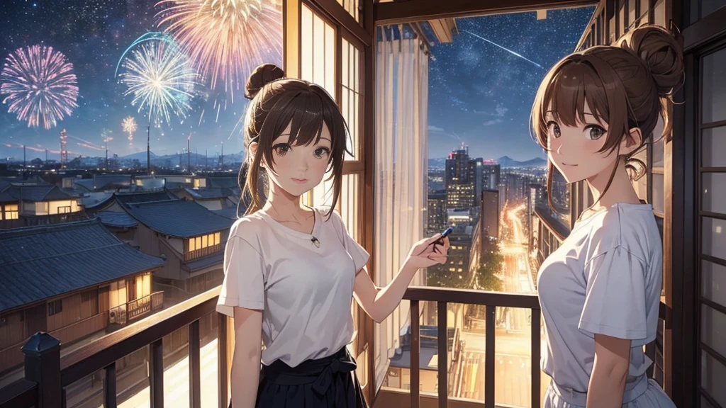 (Very detailed,High resolution,masterpiece:1.2）Japanese、Balcony of a high rise apartment･Balcony、Night view, Starry Sky、milky way、Light brown hair. Big fireworks、No sleeve、Short sleeve tops、(Highest quality:1.2), 20～40-year-old woman、Small breasts、Very detailedな, High resolution, masterpiece:1,2, Vivid and colorful,, Professional Lighting, Physically Based Rendering, Flat Color:0.8, Detailed illustrations, realism:1.37, Makoto Shinkai style, Your name style, Light brown hair, Elegant update,ponytail, Bun Hair。, Laugh together,  Selfie, Full body older sister、。I love you 、、The whole body is visible、Anime Drawings、。The whole body is visible、stand alone。