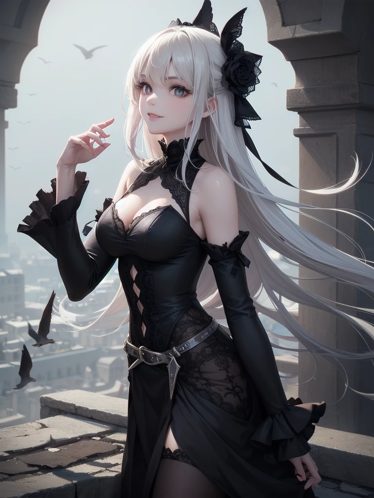 1 Girl, Mysterious look, Sharp Eye, long, flowing black hair, Gothic Costume, enigmatic smile, Pale complexion, Elegant Features BREAK Dramatic High Angle Shot, (Bird&#39;s Eye View:1.2), Symmetrical Configuration, Monochromatic, Deep Shadow, Subtle highlights, Spooky atmosphere, Artistic Details BREAK Ancient Cathedral, Stained Glass Windows, Decorative pillars, Flickering Candle, Ethereal atmosphere, Secret Whispers, Timeless beauty, Absurd, High resolution, Individuality, masterpiece