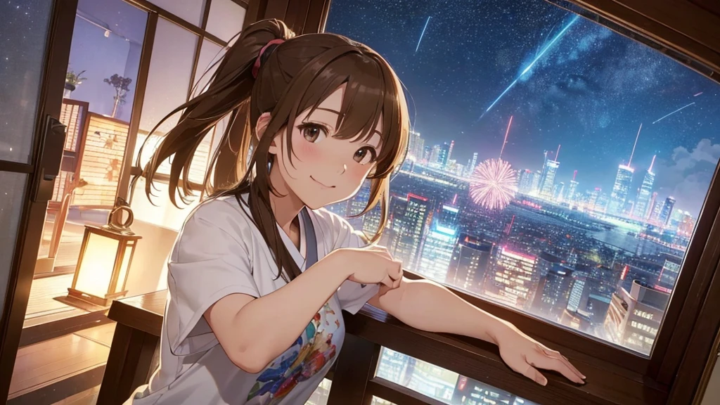 (Very detailed,High resolution,masterpiece:1.2）Japanese、From inside a high-rise apartment、Night view, Starry Sky、milky way、Light brown hair. Big fireworks、No sleeve、Short sleeve tops、(Highest quality:1.2), 20～40-year-old woman、Small breasts、Very detailedな, High resolution, masterpiece:1,2, Vivid and colorful,, Professional Lighting, Physically Based Rendering, Flat Color:0.8, Detailed illustrations, realism:1.37, Makoto Shinkai style, Your name style, Light brown hair, Elegant update,ponytail, Bun Hair。, Laugh together,  Selfie, Full body older sister、。I love you 、、The whole body is visible、Anime Drawings、。The whole body is visible、stand alone。