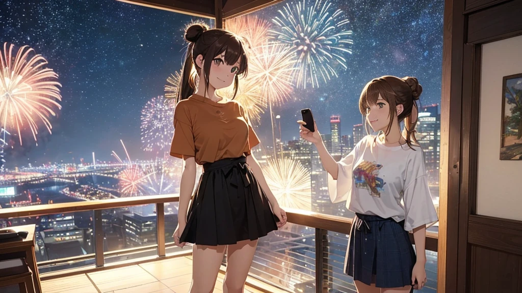 (Very detailed,High resolution,masterpiece:1.2）Japanese、From inside a high-rise apartment、Night view, Starry Sky、milky way、Light brown hair. Big fireworks、No sleeve、Short sleeve tops、(Highest quality:1.2), 20～40-year-old woman、Small breasts、Very detailedな, High resolution, masterpiece:1,2, Vivid and colorful,, Professional Lighting, Physically Based Rendering, Flat Color:0.8, Detailed illustrations, realism:1.37, Makoto Shinkai style, Your name style, Light brown hair, Elegant update,ponytail, Bun Hair。, Laugh together,  Selfie, Full body older sister、。I love you 、、The whole body is visible、Anime Drawings、。The whole body is visible、stand alone。