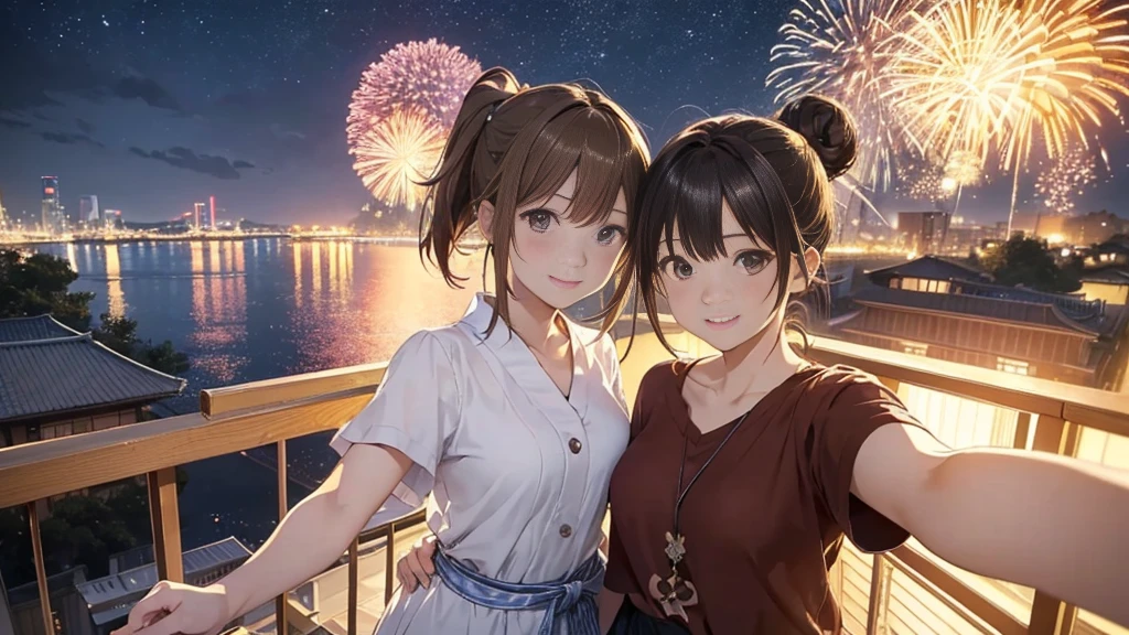 (Very detailed,High resolution,masterpiece:1.2）Japanese、From inside a high-rise apartment、Night view, Starry Sky、milky way、Light brown hair. Big fireworks、No sleeve、Short sleeve tops、(Highest quality:1.2), 20～40-year-old woman、Small breasts、Very detailedな, High resolution, masterpiece:1,2, Vivid and colorful,, Professional Lighting, Physically Based Rendering, Flat Color:0.8, Detailed illustrations, realism:1.37, Makoto Shinkai style, Your name style, Light brown hair, Elegant update,ponytail, Bun Hair。, Laugh together,  Selfie, Full body older sister、。I love you 、、The whole body is visible、Anime Drawings、。The whole body is visible、stand alone。