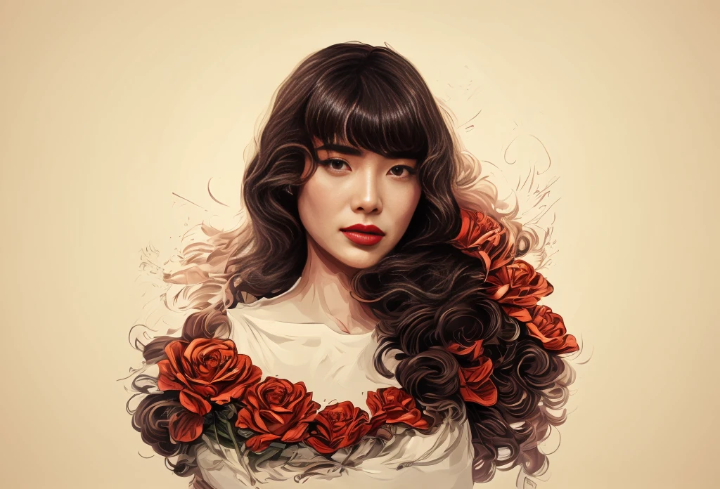 hay una mujer con cabello negro y una flor en el cabello, Arte vectorial por Mads Berg, ganador del concurso de comportamiento, arte digital, en estilo de ilustración digital, estilo de ilustración de los años 50, hermoso arte retro, elegante ilustración digital, hermosa obra de arte ilustración hermosa, elegant retro illustration arte digital, Ilustración digital -, impresionante ilustración digital