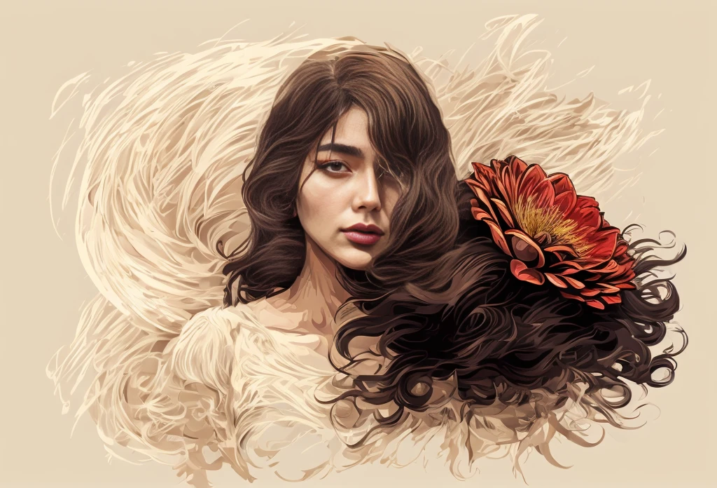 hay una mujer con cabello negro y una flor en el cabello, Arte vectorial por Mads Berg, ganador del concurso de comportamiento, arte digital, en estilo de ilustración digital, estilo de ilustración de los años 50, hermoso arte retro, elegante ilustración digital, hermosa obra de arte ilustración hermosa, elegant retro illustration arte digital, Ilustración digital -, impresionante ilustración digital