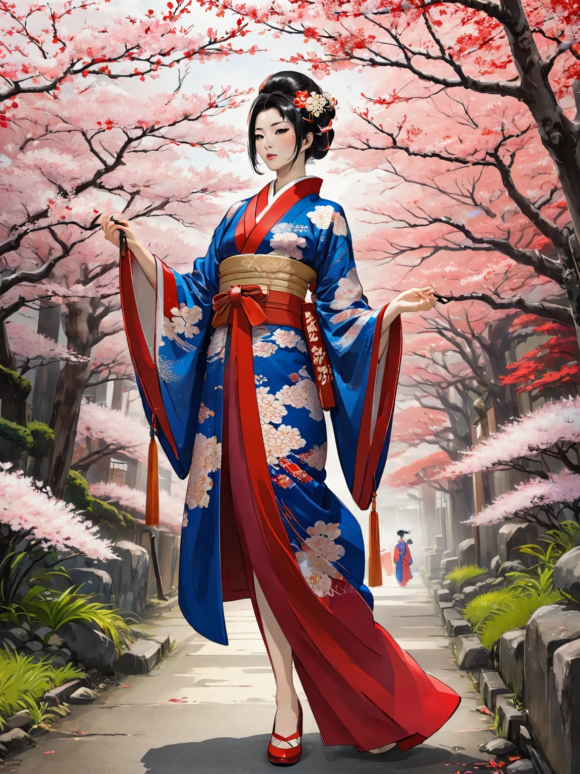 arafed asian woman in a red and blue kimono, wearing royal kimono, wearing a haori, in kimono, Royal Costume Akira, japanese kimono, Traditional Japanese, red kimono with flower patterns, wearing kimono, red kimono, Traditional geisha costume, wearing kimono armor, Wearing long royal robes, kimono, wearing a noble robe, intricate geisha kimono