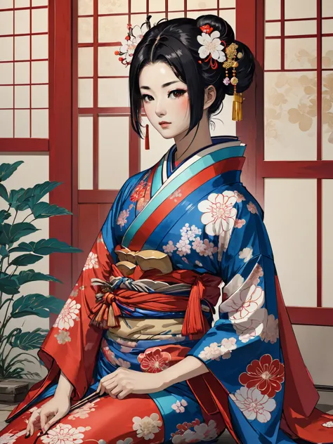 arafed asian woman in a red and blue kimono, wearing royal kimono, wearing a haori, in kimono, Royal Costume Akira, japanese kim...