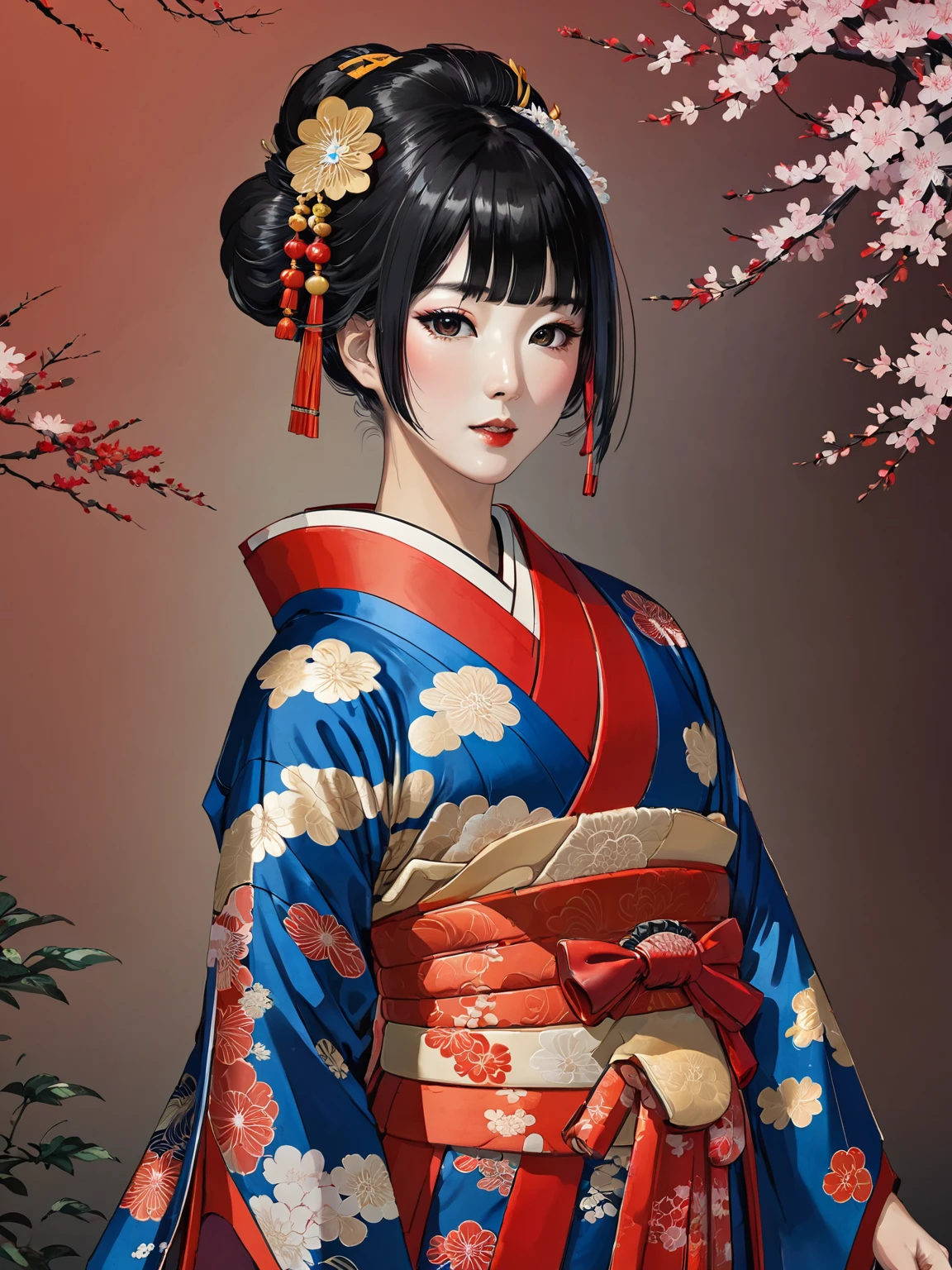 arafed asian woman in a red and blue kimono, wearing royal kimono, wearing a haori, in kimono, Royal Costume Akira, japanese kimono, Traditional Japanese, red kimono with flower patterns, wearing kimono, red kimono, Traditional geisha costume, wearing kimono armor, Wearing long royal robes, kimono, wearing a noble robe, intricate geisha kimono