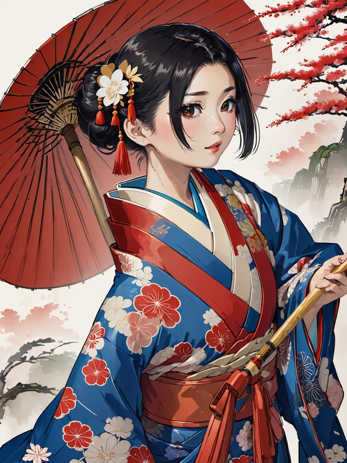 arafed asian woman in a red and blue kimono, wearing royal kimono, wearing a haori, in kimono, Royal Costume Akira, japanese kimono, Traditional Japanese, red kimono with flower patterns, wearing kimono, red kimono, Traditional geisha costume, wearing kimono armor, Wearing long royal robes, kimono, wearing a noble robe, intricate geisha kimono