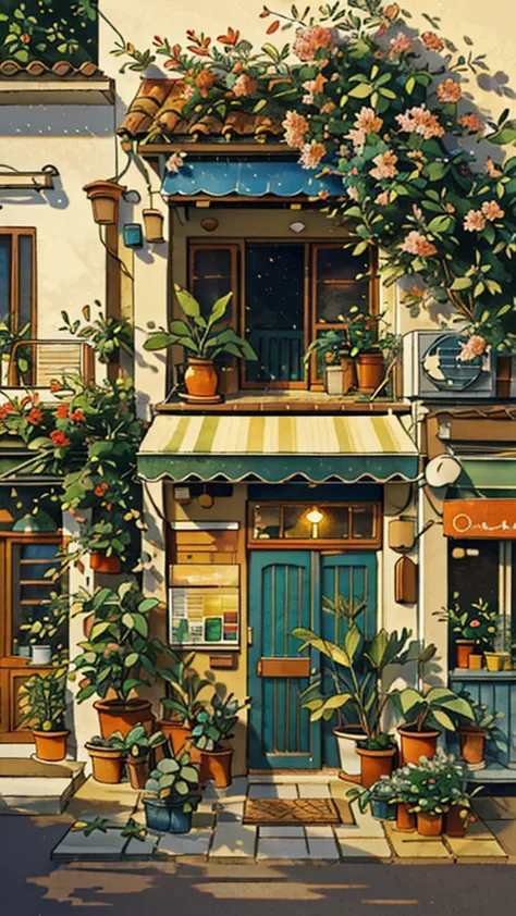 jzcg021,flower shop,coffee spots,gauges,a chair,no one,janelas,flowers,a plant,plants in pots,aquarelle (mediating),landscapes,d...