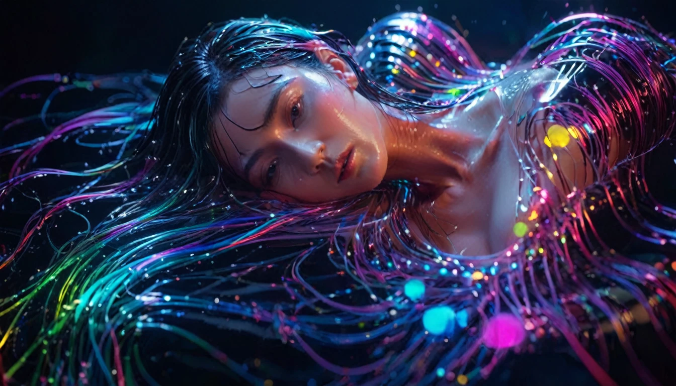 8K,RAW Photos,Highest quality,masterpiece,reality,reality的,Very detailed,live-action,Very beautiful woman,Android,cyborg,cyber-,slim,Electronic device body,((Very detailed電子機器)),(A body with clearly visible internal electronics),Thin connecting wire,Wet body,Wet long hair,Advanced AI, (Seamless integration of organic and mechanical elements),element,neon,Rainbow Skin,transparent,Glass,future,Glamour,Large Breasts,Live Action,Fantasy,movie,((whole body)),85mm camera,F/1.8,Portrait,shadow,Lying down,