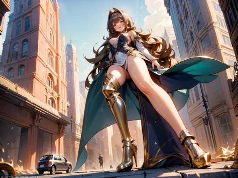 a glamorous giantess in a sparkling silver dress, with long brown hair and green eyes, strides through a bustling medieval city....