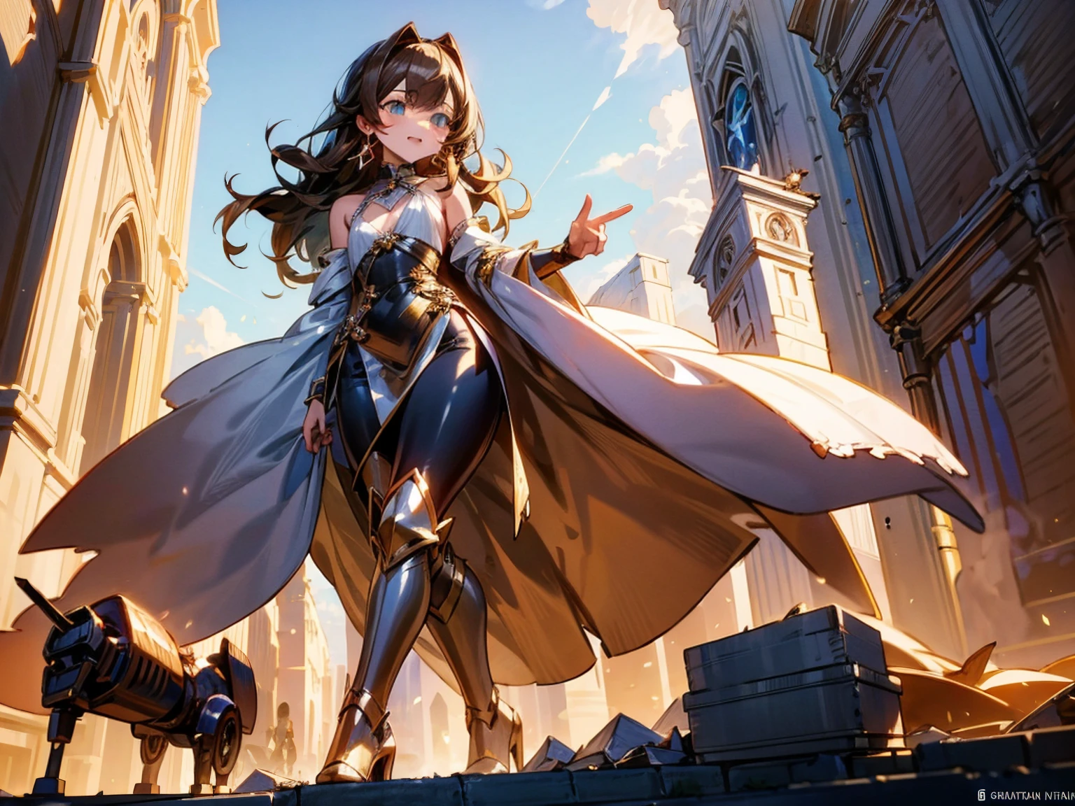 A glamorous giantess in a sparkling silver dress, with long brown hair and green eyes, strides through a bustling medieval city. Her towering form crushes homes and market stalls beneath her stiletto heels, each step causing the earth to tremble. She glances down at the tiny villagers, a cruel smile playing on her lips as her sultry voice echoes, taunting them about their helplessness. Her curvy body glistens in the sunlight, every movement exuding dominance and raw sensuality. Giantess, Goddess, sexy legs, heels, hot, curvy body, mommy issues, small town, small people, tiny people, macrophilia, perspective from below, high quality, almost naked, mature woman, seductive.

