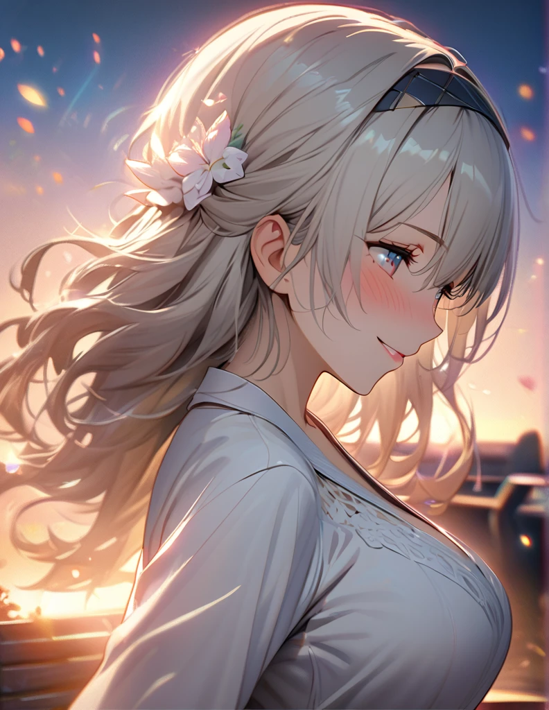 beautiful girl, long grey hair, beautiful face,smiling,close up to hips, beautiful breast, illustration,detailed textures(realists),ultra-detailed,portrait style,vivid colors,soft lighting, blushing, mature, hair fluttering, evening light , head band, ((half body)), wearing simple shirts , no bra, ((side profile until hips)), very shy, Couple, wedding style, Wedding dress, White Tuxedo, love confession, heart, pink, magic, kissing,