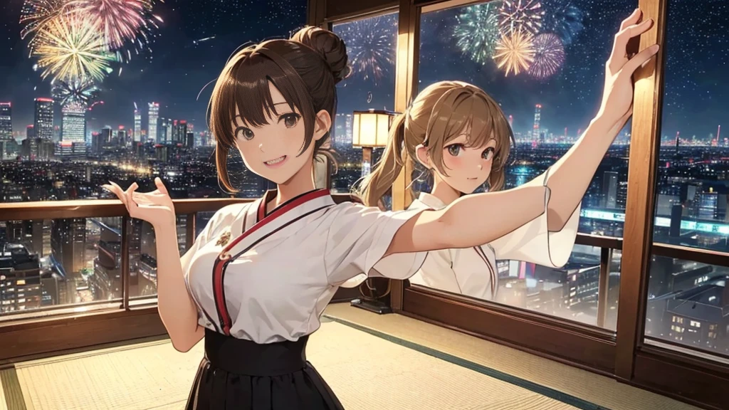 (Very detailed,High resolution,masterpiece:1.2）Japanese、From inside a high-rise apartment、Night view, Starry Sky、milky way、Light brown hair. Big fireworks、No sleeve、Short sleeve tops、(Highest quality:1.2), 20～40-year-old woman、Small breasts、Very detailedな, High resolution, masterpiece:1,2, Vivid and colorful,, Professional Lighting, Physically Based Rendering, Flat Color:0.8, Detailed illustrations, realism:1.37, Makoto Shinkai style, Your name style, Light brown hair, Elegant update,ponytail, Bun Hair。, Laugh together,  Selfie, Full body older sister、。I love you 、、The whole body is visible、Anime Drawings、。The whole body is visible、stand alone。