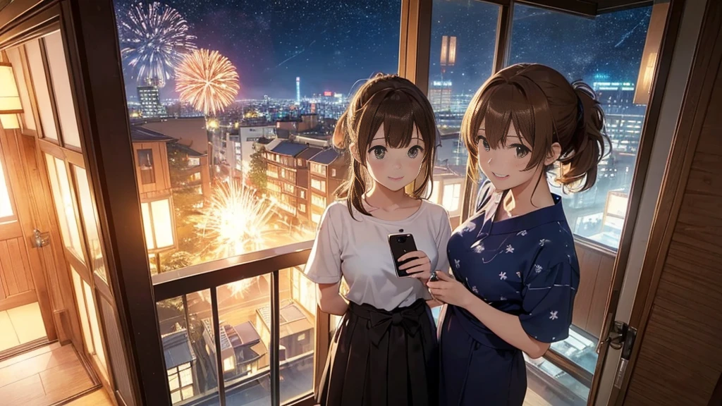 (Very detailed,High resolution,masterpiece:1.2）Japanese、From inside a high-rise apartment、Night view, Starry Sky、milky way、Light brown hair. Big fireworks、No sleeve、Short sleeve tops、(Highest quality:1.2), 20～40-year-old woman、Small breasts、Very detailedな, High resolution, masterpiece:1,2, Vivid and colorful,, Professional Lighting, Physically Based Rendering, Flat Color:0.8, Detailed illustrations, realism:1.37, Makoto Shinkai style, Your name style, Light brown hair, Elegant update,ponytail, Bun Hair。, Laugh together,  Selfie, Full body older sister、。I love you 、、The whole body is visible、Anime Drawings、。The whole body is visible、stand alone。