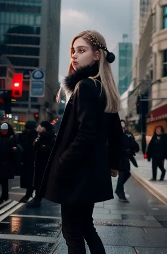 Cynthia,Long blonde hair, hair ornaments, Hair on one eye, Grey Eyes, Black coat, Black trousers,Fur collar, View your audience,...