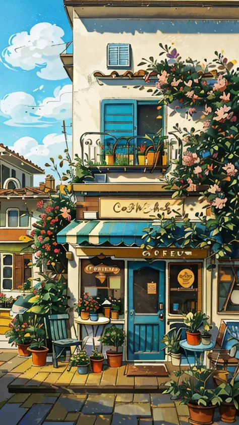 jzcg021,flower store,coffee spot,tables,chairs,no one,windows,flowers,plants,potted plants,watercolor (medium),blue sky, cloudy ...