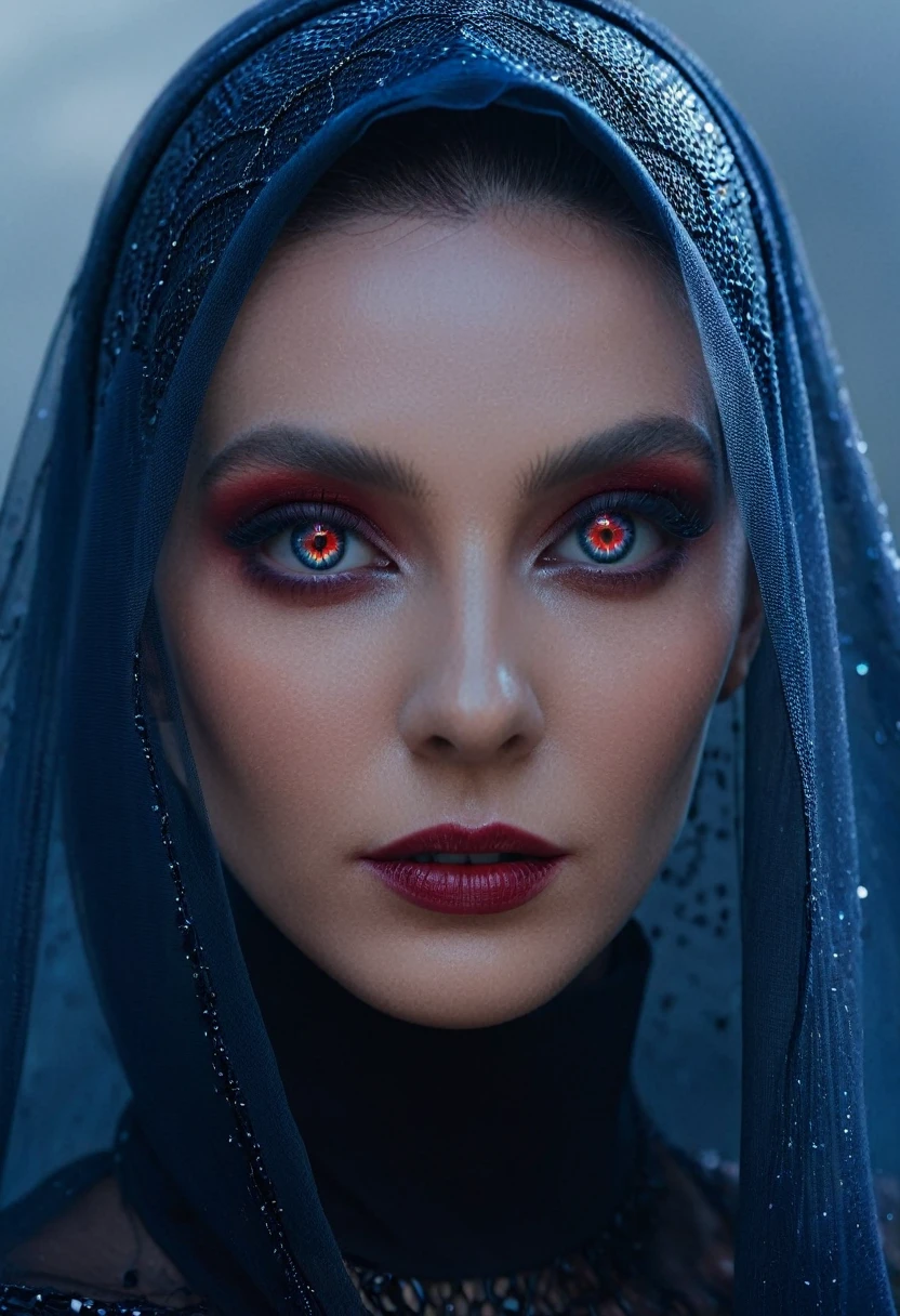 Fashionable portrait of androgynous alien looking witch wearing veil, glowing eyes, futuristic design, minimal details, givenchy, photoreal, 200mm, hd, f/ 2.0, highly detailed, surreal , drop dead, in the style of red and blue, (intricate details, hyperdetailed:1.15) (skin texture:1.2), cinematic, professional, 4k,