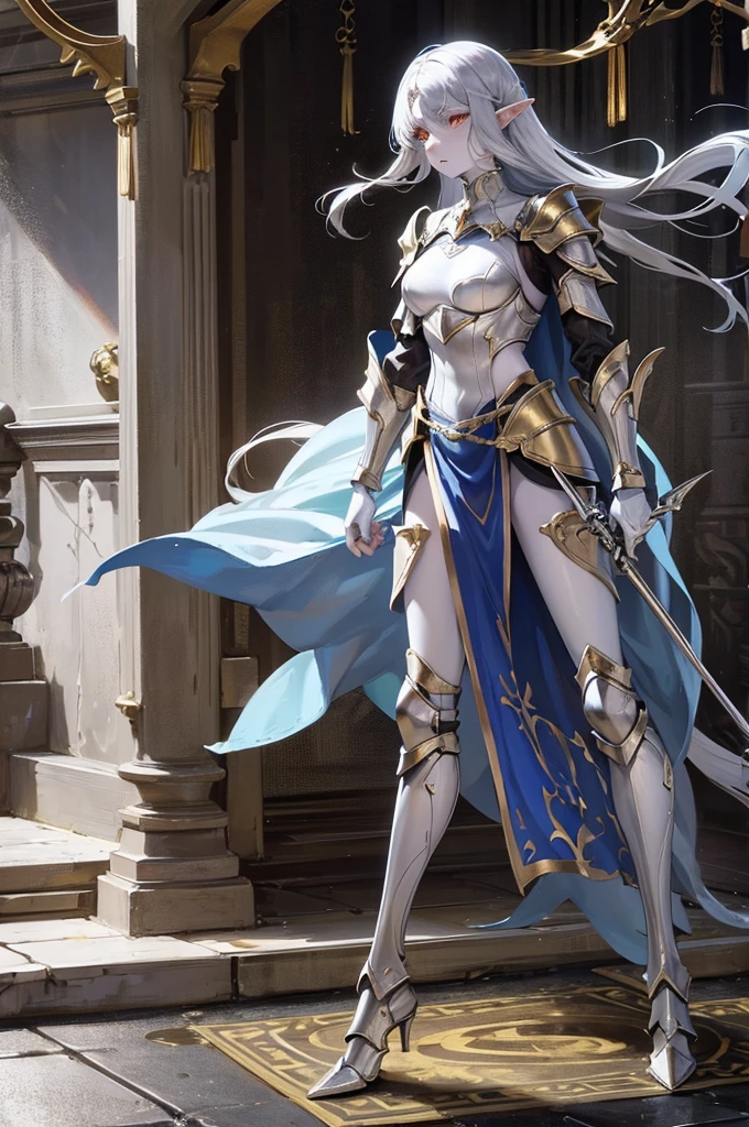 1 woman , elf, pale skin, silver hair, glowing golden eyes, muscule body, full body armor, full body, dungeon background, closed body by armor, hold a spear and shield