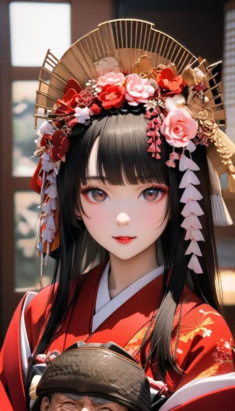 A 12-year-old princess wearing a red kimono and a flower crown, traditional geisha clothing, Japanese women, Wearing Imperial Ki...