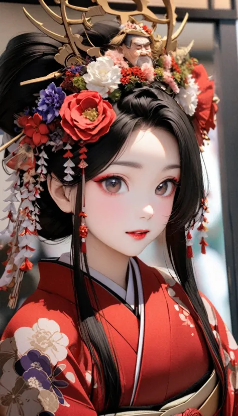 A 12-year-old princess wearing a red kimono and a flower crown, traditional geisha clothing, Japanese women, Wearing Imperial Ki...