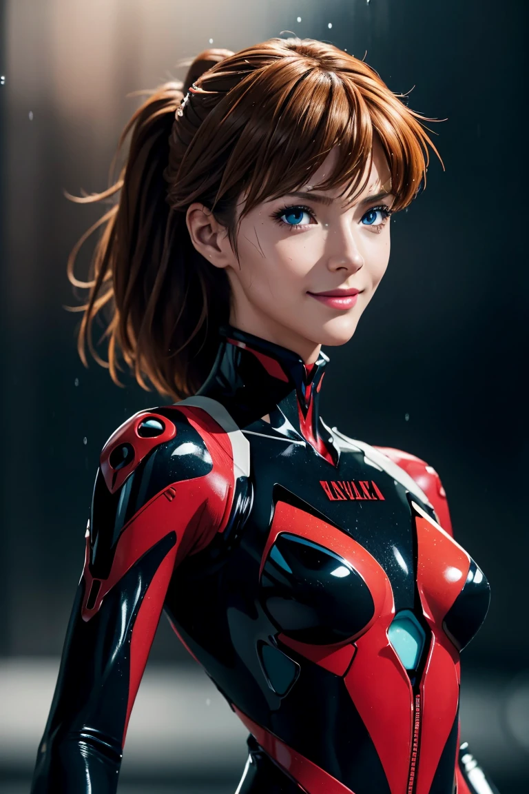 Evangelion,Asuka Langley,blue eyes,Plug Suit,Bodysuits,Interface Headset,赤いBodysuits,Ultra HD,super high quality,masterpiece,Digital SLR,Photorealistic,Detailed details,Vivid details,Depicted in detail,A detailed face,Detailed details,Super Detail,Realistic skin texture,Anatomical basis,Perfect Anatomy,Anatomically correct hand,Anatomically correct fingers,Complex 3D rendering,Sexy pose,Rainy Sky,Beautiful scenery,Fantastic rainy sky,Red Sea,Picturesque,Pink Lips,smile,