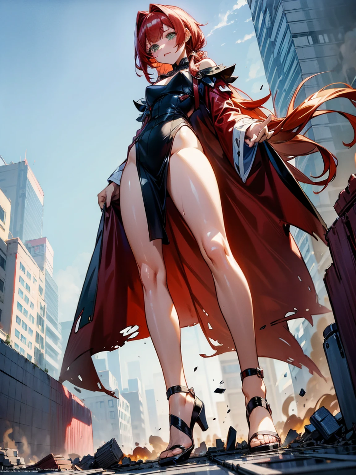 A captivating giantess, dressed in a tight-fitting red dress, with fiery red hair and intense green eyes, strides through a bustling modern city. Her curvaceous form crushes everything beneath her feet, leaving a trail of destruction in her wake. She gazes down at the tiny people scurrying at her heels, her eyes filled with a mix of amusement and contempt. Her sultry voice taunts them about their helplessness, her voluptuous figure exuding an aura of raw power and sensuality. Giantess, Goddess, sexy legs, heels, hot, curvy body, mommy issues, small town, small people, tiny people, macrophilia, perspective from below, high quality, almost naked, mature woman, dominant.

