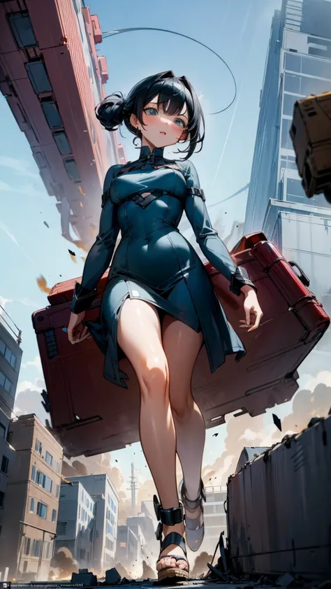 the striking giantess, dressed in a tight blue dress, with flowing black hair and deep brown eyes, strides through a futuristic ...