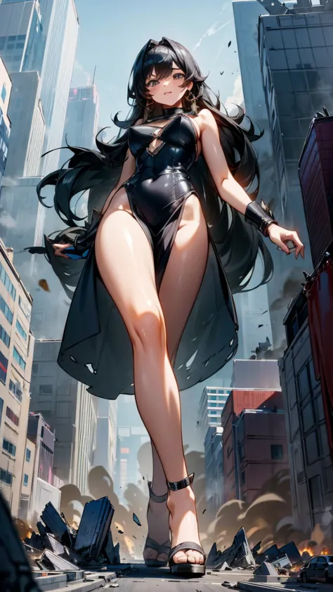 the striking giantess, dressed in a tight blue dress, with flowing black hair and deep brown eyes, strides through a futuristic ...