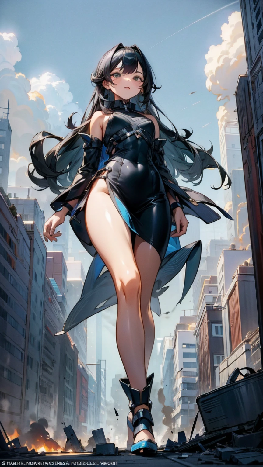 The striking giantess, dressed in a tight blue dress, with flowing black hair and deep brown eyes, strides through a futuristic landscape. Her towering form crushes everything beneath her feet, leaving a trail of destruction in her wake. She gazes at the tiny people scurrying at her heels, her eyes filled with a mix of amusement and contempt. Her sultry voice taunts them about their helplessness, her voluptuous figure exuding an aura of raw power and sensuality. Giantess, Goddess, sexy legs, heels, hot, curvy body, mommy issues, small town, small people, tiny people, macrophilia, perspective from below, high quality, almost naked, mature woman, dominant.

