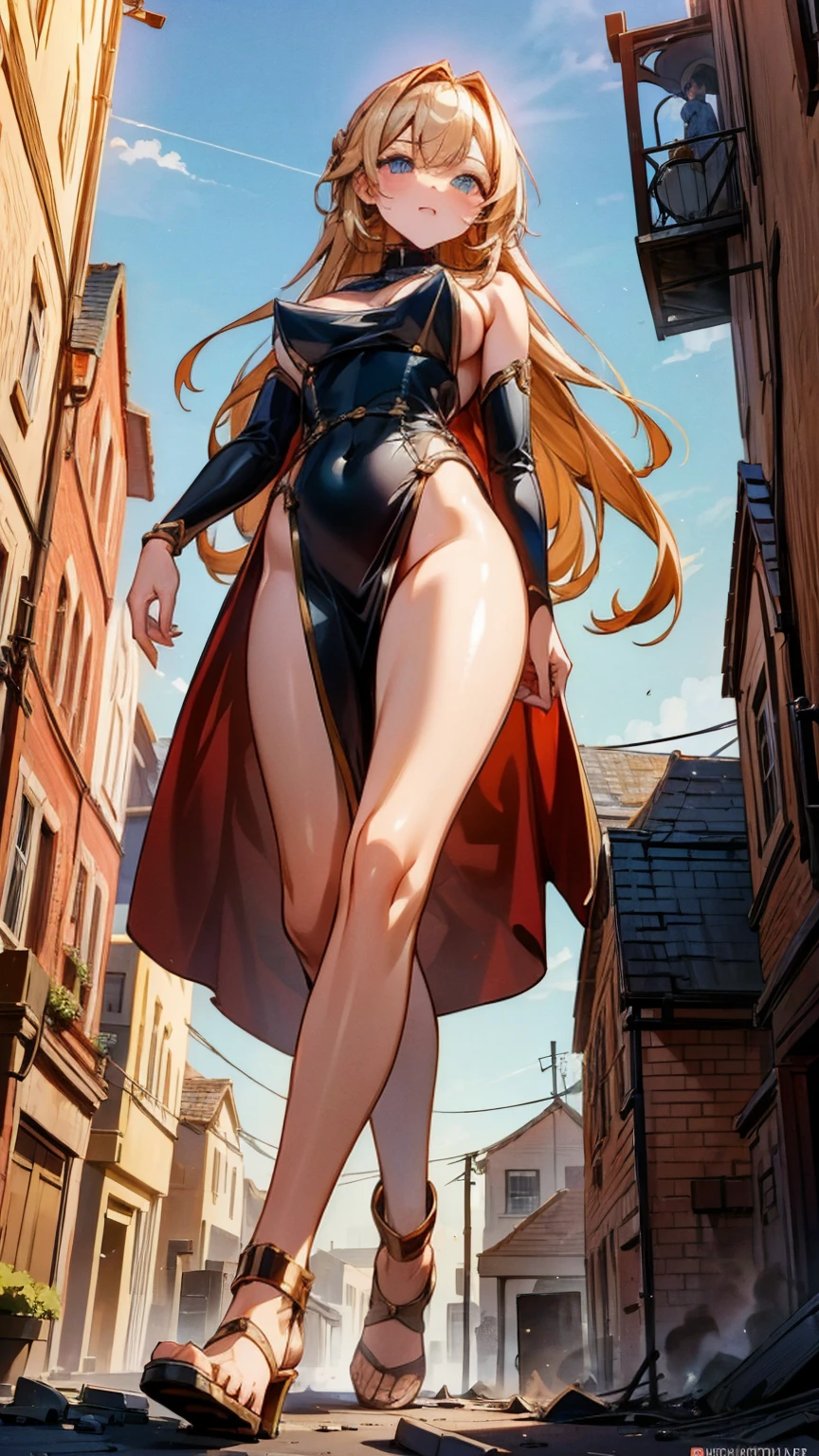 A sensual giantess in a revealing red outfit, with long blonde hair and piercing blue eyes, walks through a quaint medieval village. Her powerful legs crush homes and shops beneath her heels, each step causing the earth to tremble. She gazes at the tiny villagers with a look of disdain, her voice filled with mocking laughter. Her voluptuous figure exudes an aura of raw power and sensuality, every movement a testament to her overwhelming dominance. Giantess, Goddess, sexy legs, heels, hot, curvy body, mommy issues, small town, small people, tiny people, macrophilia, perspective from below, high quality, almost naked, mature woman, seductive.

