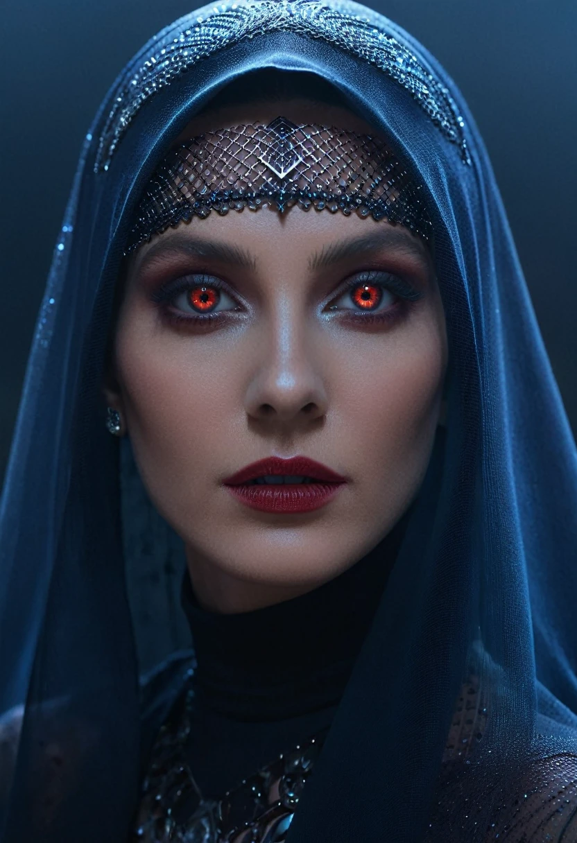 Fashionable portrait of androgynous alien looking witch wearing veil, glowing eyes, futuristic design, minimal details, givenchy, photoreal, 200mm, hd, f/ 2.0, highly detailed, surreal , drop dead, in the style of red and blue, (intricate details, hyperdetailed:1.15) (skin texture:1.2), cinematic, professional, 4k,