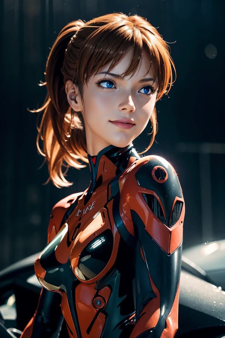 Evangelion,Asuka Langley,blue eyes,Plug Suit,Bodysuits,Interface Headset,赤いBodysuits,Ultra HD,super high quality,masterpiece,Digital SLR,Photorealistic,Detailed details,Vivid details,Depicted in detail,A detailed face,Detailed details,Super Detail,Realistic skin texture,Anatomical basis,Perfect Anatomy,Anatomically correct hand,Anatomically correct fingers,Complex 3D rendering,Sexy pose,Rainy Sky,Beautiful scenery,Fantastic rainy sky,Red Sea,Picturesque,Pink Lips,smile,