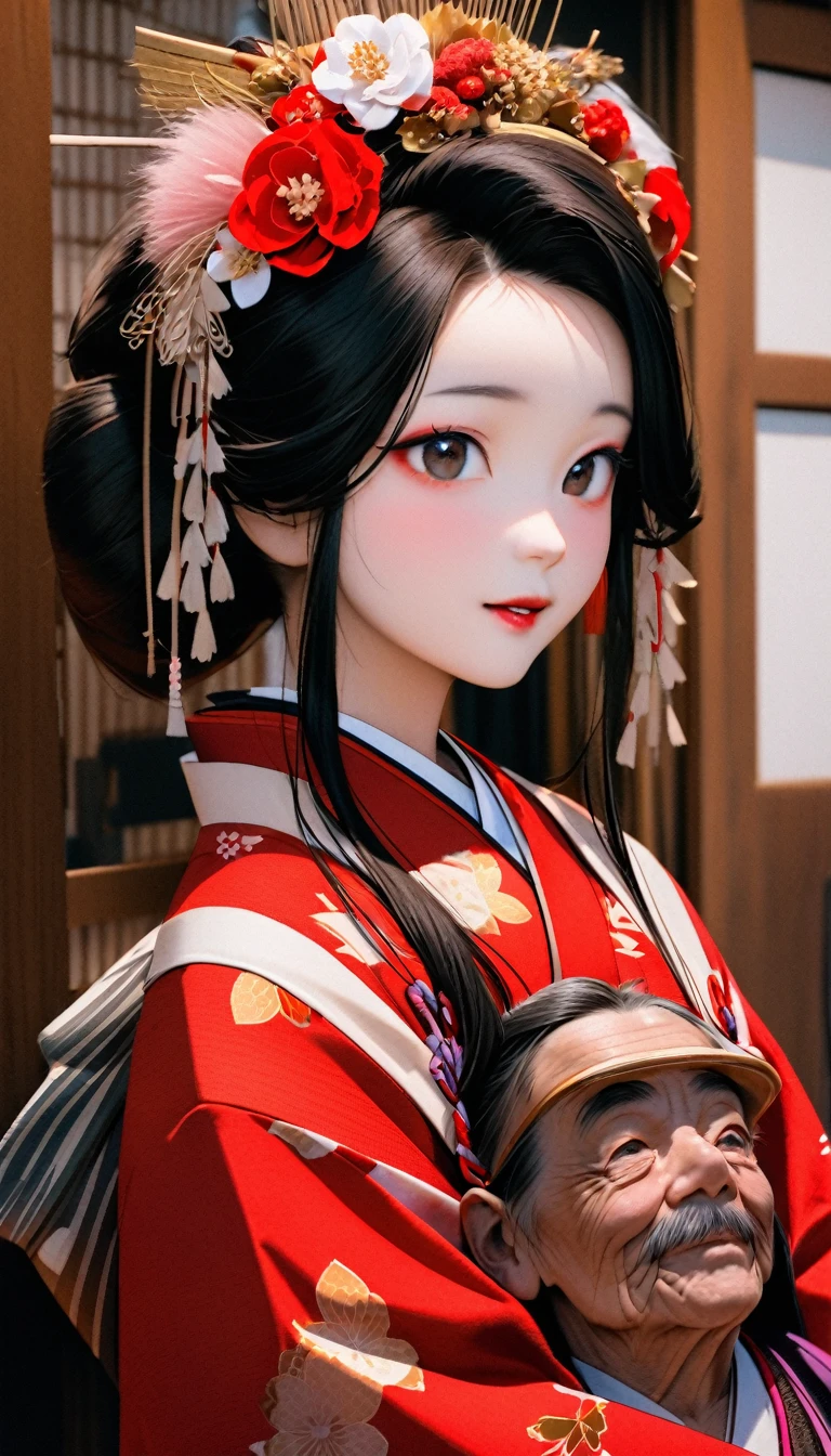 A 12-year-old princess wearing a red kimono and a flower crown, traditional geisha clothing, Japanese women, Wearing Imperial Kimono, Japanese Geisha, photo portrait, female geisha girl, elegant japanese kimono, In kimono, Traditional beauty, Wearing kimono and armor, Portrait of a Geisha, wearing a haori, 　（She gets an old man&#39;s dick shoved in her pussy）Intense sex　Japanese Princess Sex