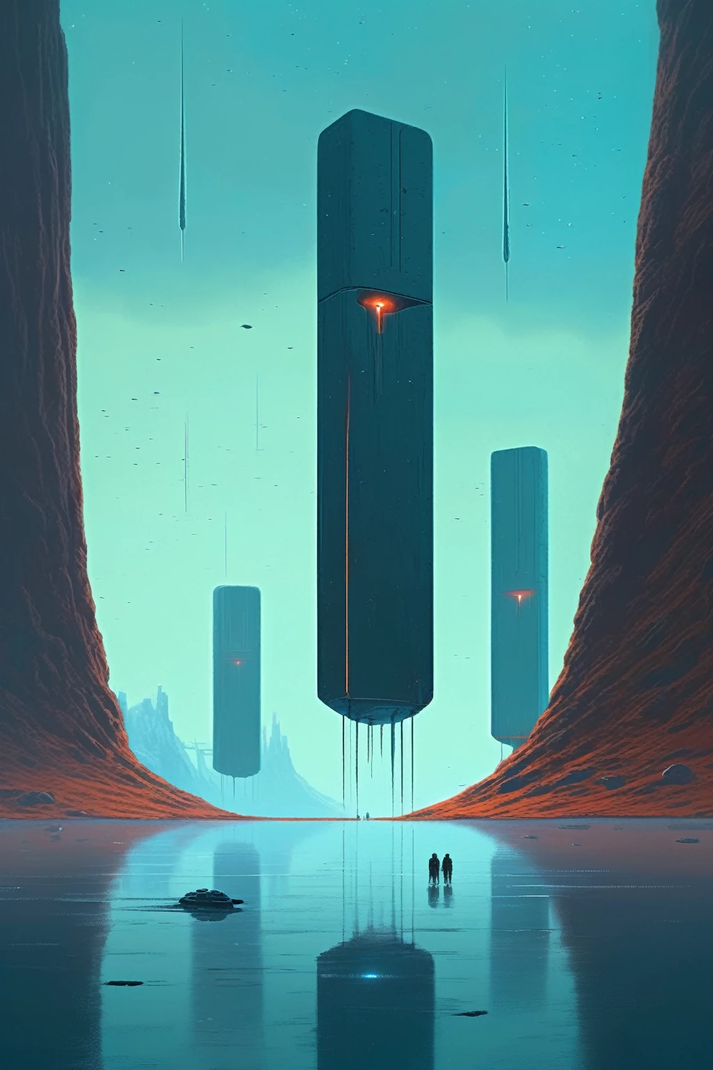 Christopher Balaskas Style - Alien Monoliths Floating in the Dark Abyss, Science fiction of the distant future, In the style of Simon Stalenhag and Ralph McQuarrie