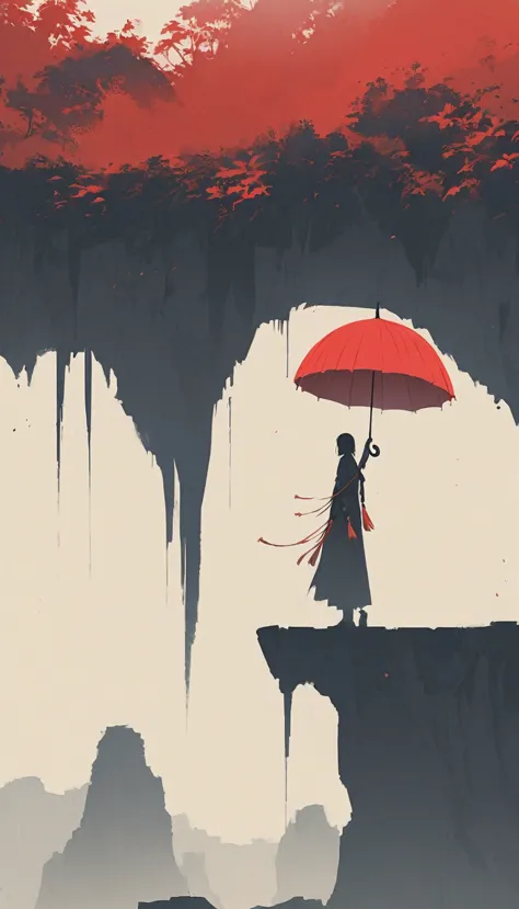 simple，Minimalist illustration，1 red umbrella - hanging in the air，Tassels on umbrellas，solitary figure，Cliff edge，bridge