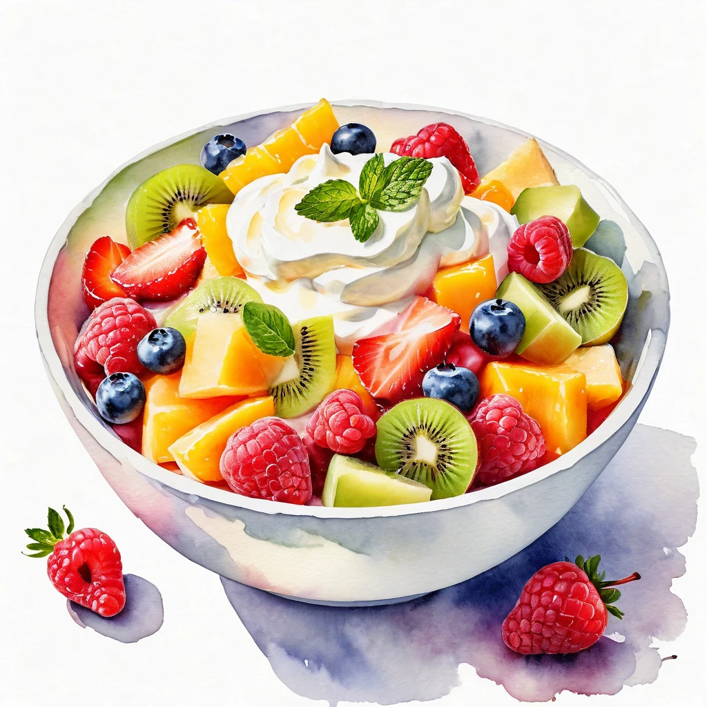 un cuadro de un tazón de deliciosa ensalada de frutas con mayonesa y crema, ((acuarela)), fondo blanco sólido, composición del centro, espacio negativo alrededor del objeto, color descolorido, obra maestra detallada