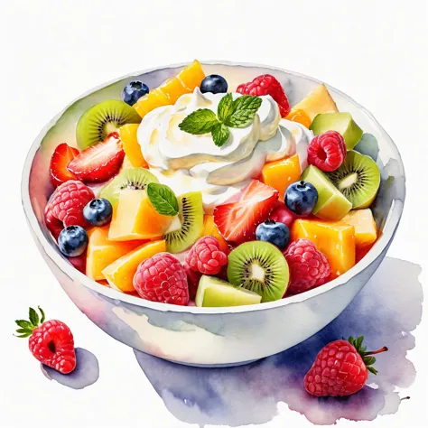a painting of a bowl of delicious fruit salad with mayonnaise and cream, ((watercolor)), solid white background, center composit...