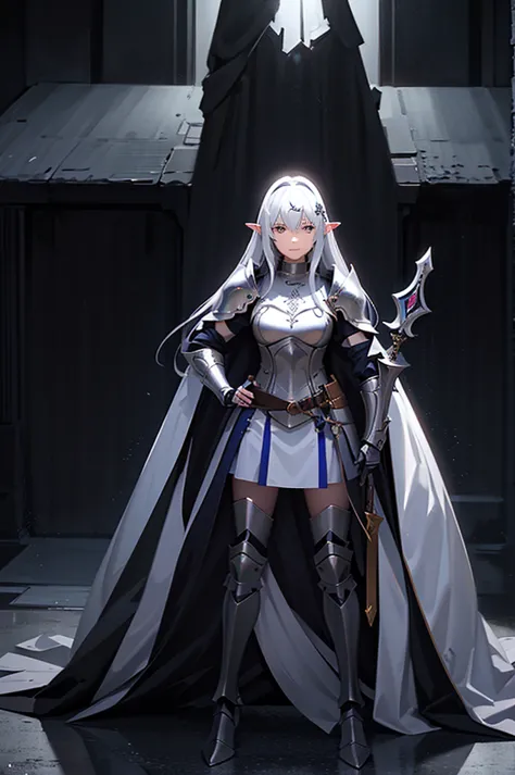 Woman in armor, standing in a dark room with a glaive, girl in armor, gorgeous female paladin, alluring elf princess knight, fro...
