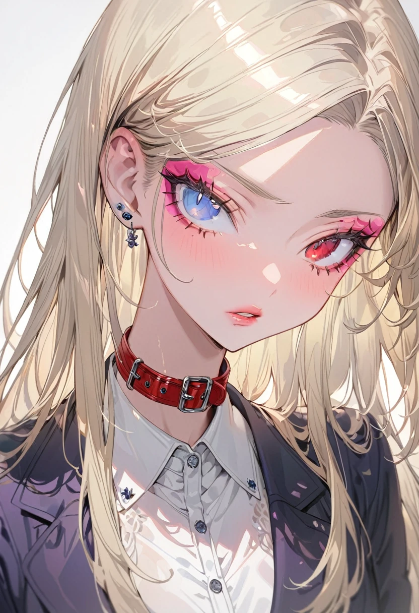 (Highest quality,Very detailed,High resolution:1.2),beautiful woman with perfect face,very_Long eyelashes, Detailed lips, Cool look, Soft Skin, Shiny Hair,Exquisite makeup,Heavy bangs，shout，Gray pupils dilate，Long straight blonde hair with pink tips，、Navy blazer over a white shirt、Ribbon at collar.，Heterochromia iridis, Red eyes, blue eyes