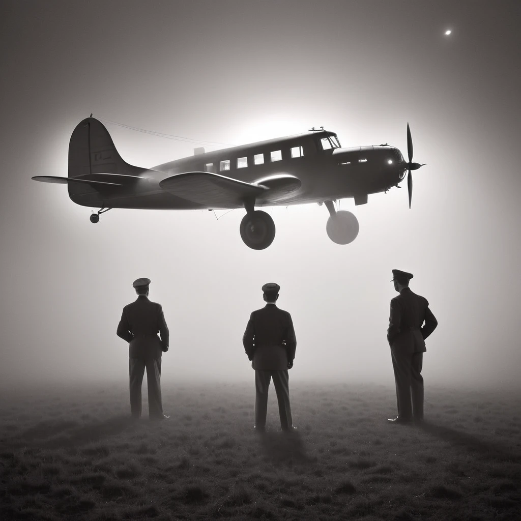 no exterior. à noite. fog. fundo fora de foco, Avião Lockheed Model 12 Electra Junior. Fotografia preto e branco no estilo de um filme dos anos 40. todo o corpo,Trabalhadores especiais,Londres,3 homens