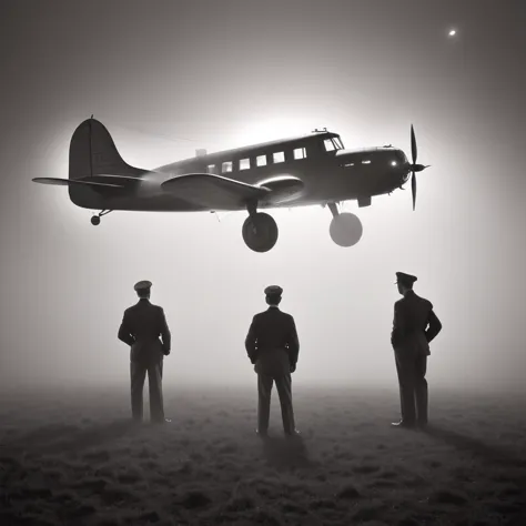 abroad. at night. fog. out of focus background, lockheed model 12 electra junior airplane. black and white photography in the st...