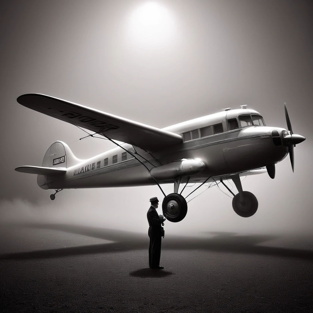en el extranjero. por la noche. niebla. fondo desenfocado, Avión Lockheed Modelo 12 Electra Junior. Fotografía en blanco y negro al estilo de una película de los años 40.. todo el cuerpo,trabajadores especiales,Londres,3 hombres