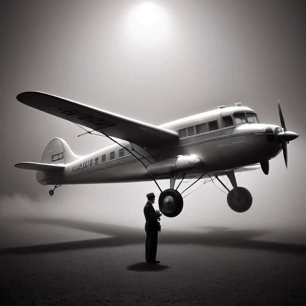 abroad. At night. fog. Out of focus background, Lockheed Model 12 Electra Junior Airplane. Black and white photography in the style of a 1940s movie. whole body,Special workers,London,3 men