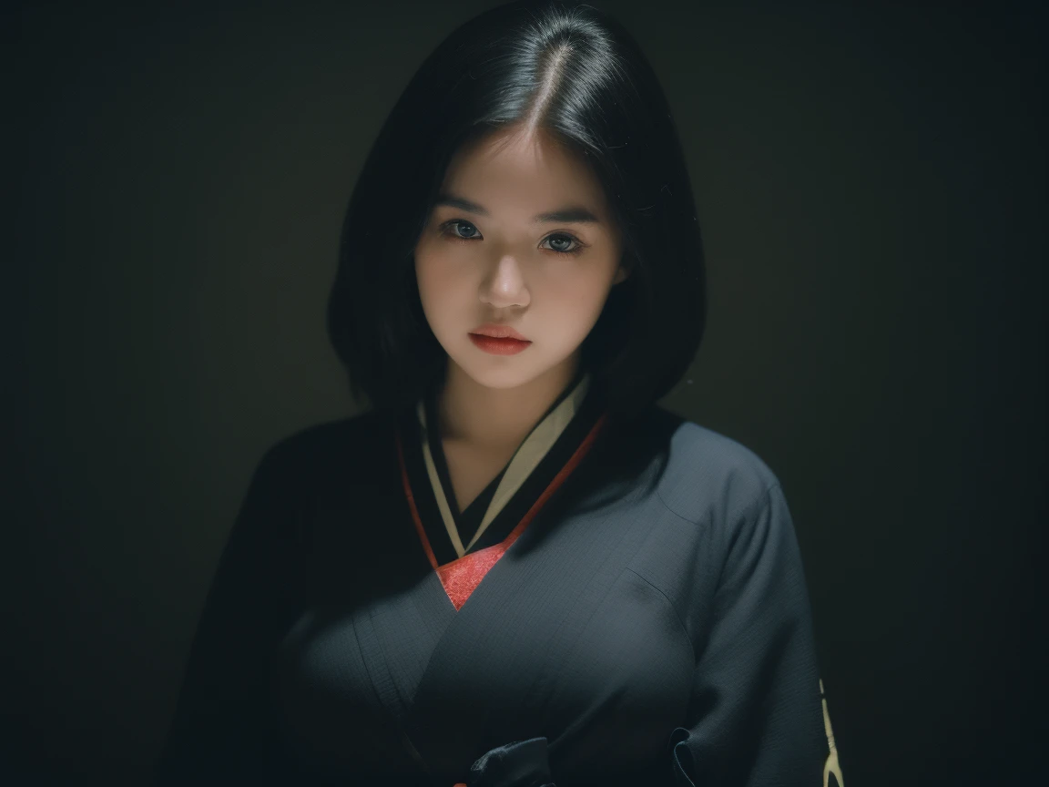 ((Best quality, 8k, Masterpiece :1.3)), Image of a geisha. 1girl. Like the hair of a Japanese geisha, Long black hair:1.3. Beautiful geisha in kimono, (black kimono), neat dress, atmospheric perspective, Volumetric lighting, Clear focus, absurd resolution, Realistic proportions, Good anatomy, (realistic,Hyper-realistic:1.37), 16K HD, INFO. ((dark background)), black background. ((Ultra-Wide Angle)), elegant model