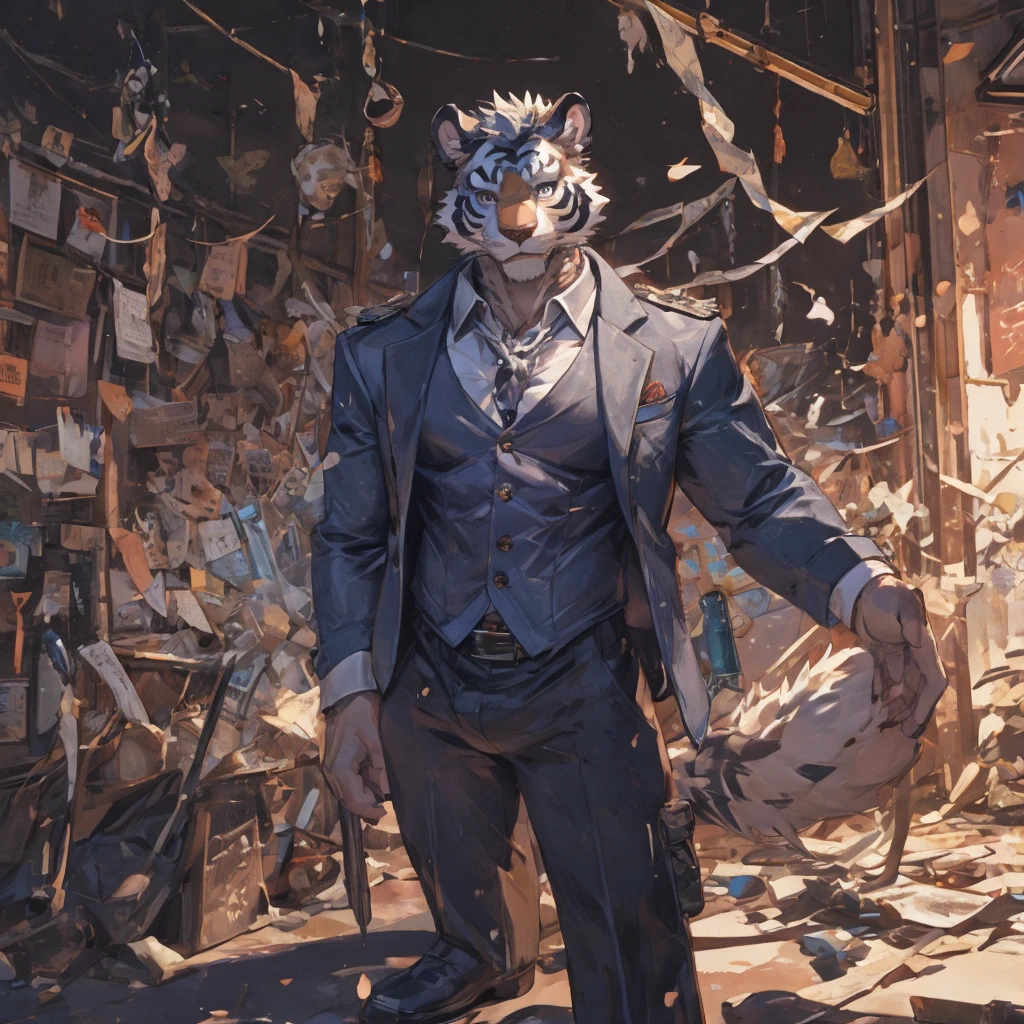 {{bara extremely handsome 하얀색 tiger,}} {{하얀색 fur,}} 하얀색, 우아하고 화려한 정장 재킷을 입고, 바지, 하얀색 dress shirt and necktie, 하얀색 fluffy furry body and limbs, 로퍼, 아주 키가 큰, 어깨가 엄청 넓다, 잘록한 허리, 근육질의 팔, 엄청난 근육, 보라색 눈, 매우 긴 다리, 엄청난 팽창, 세련된 핫룩, 3/4보기, 최고의 품질, 높은 디테일, CG 이미지, 캐릭터 스플래시 아트, 왼쪽 귀에 은 귀걸이, 찌는 듯한 웃음