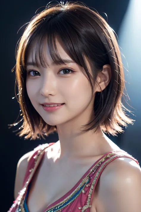 1 girl,(wearing colorful stage costume:1.2),very beautiful japanese idol portrait,close up of face,(RAW photo,best quality),(rea...